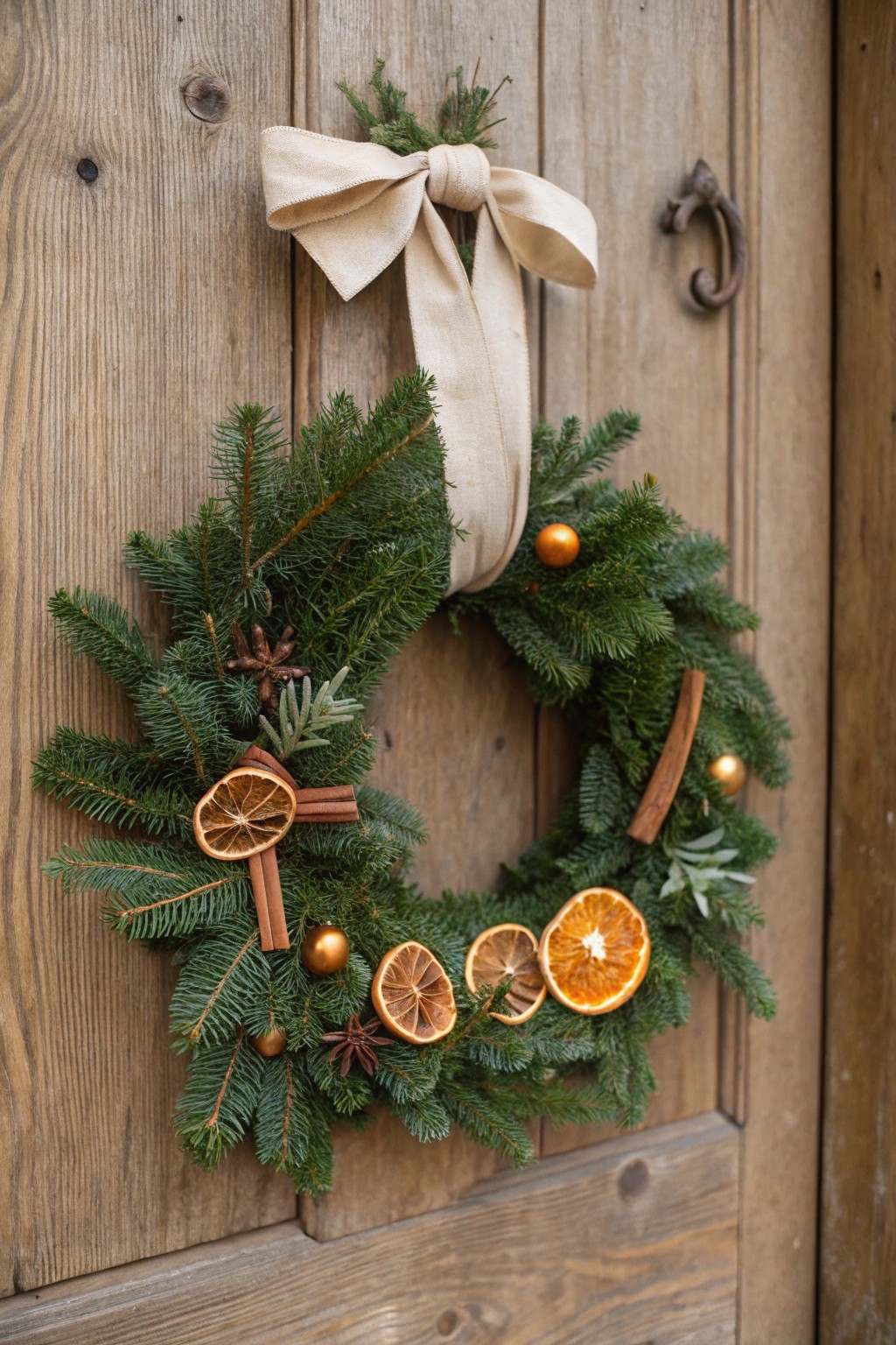 Elevate your entryway with a bold, handmade Christmas wreath featuring dried citrus and cinnamon for a festive, natural touch.