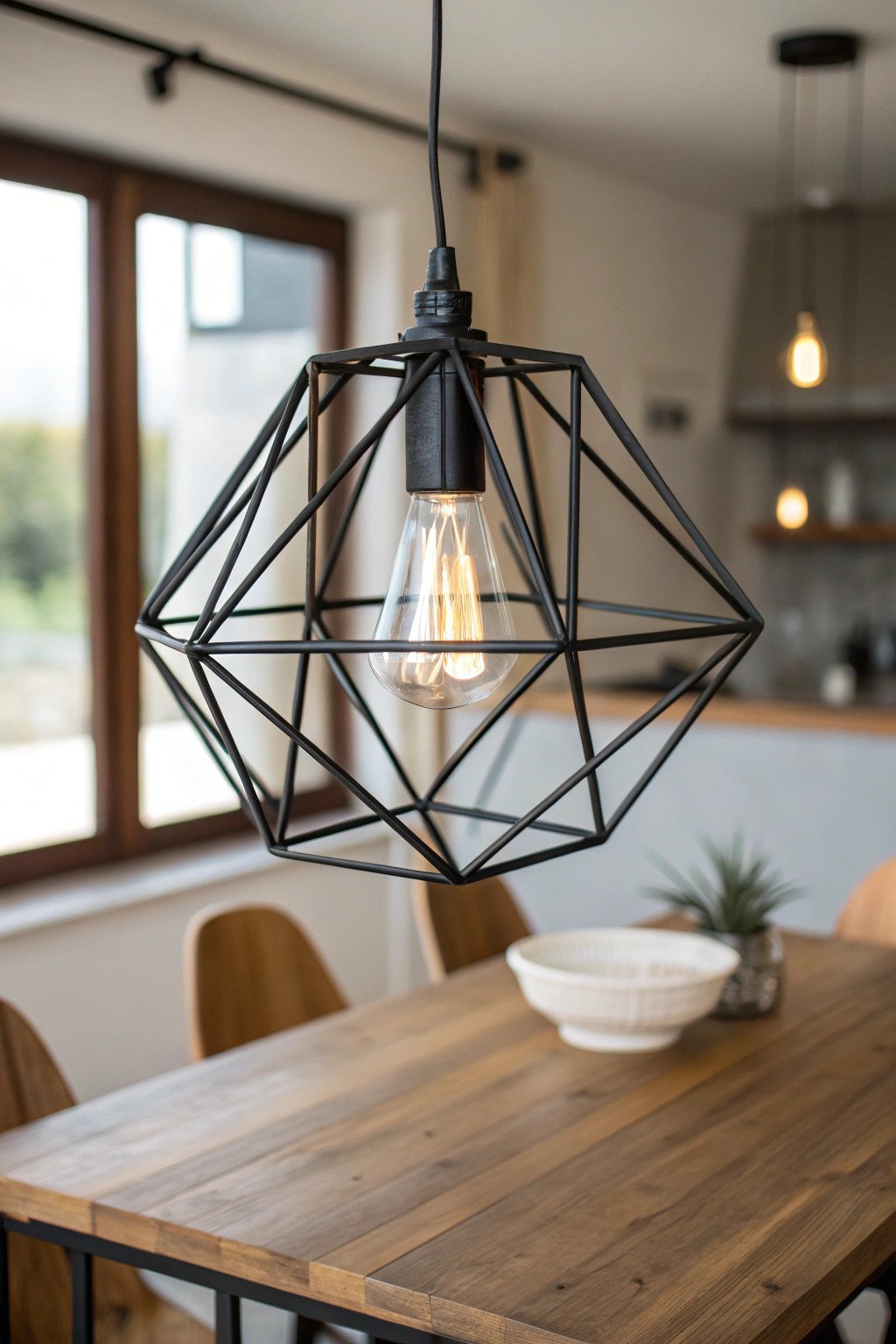 Minimalist geometric lighting—where modern art meets dining elegance.