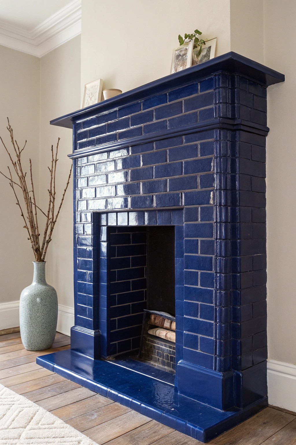 Elevate your space with a high-gloss midnight blue brick fireplace—where modern glam meets artisan craftsmanship.