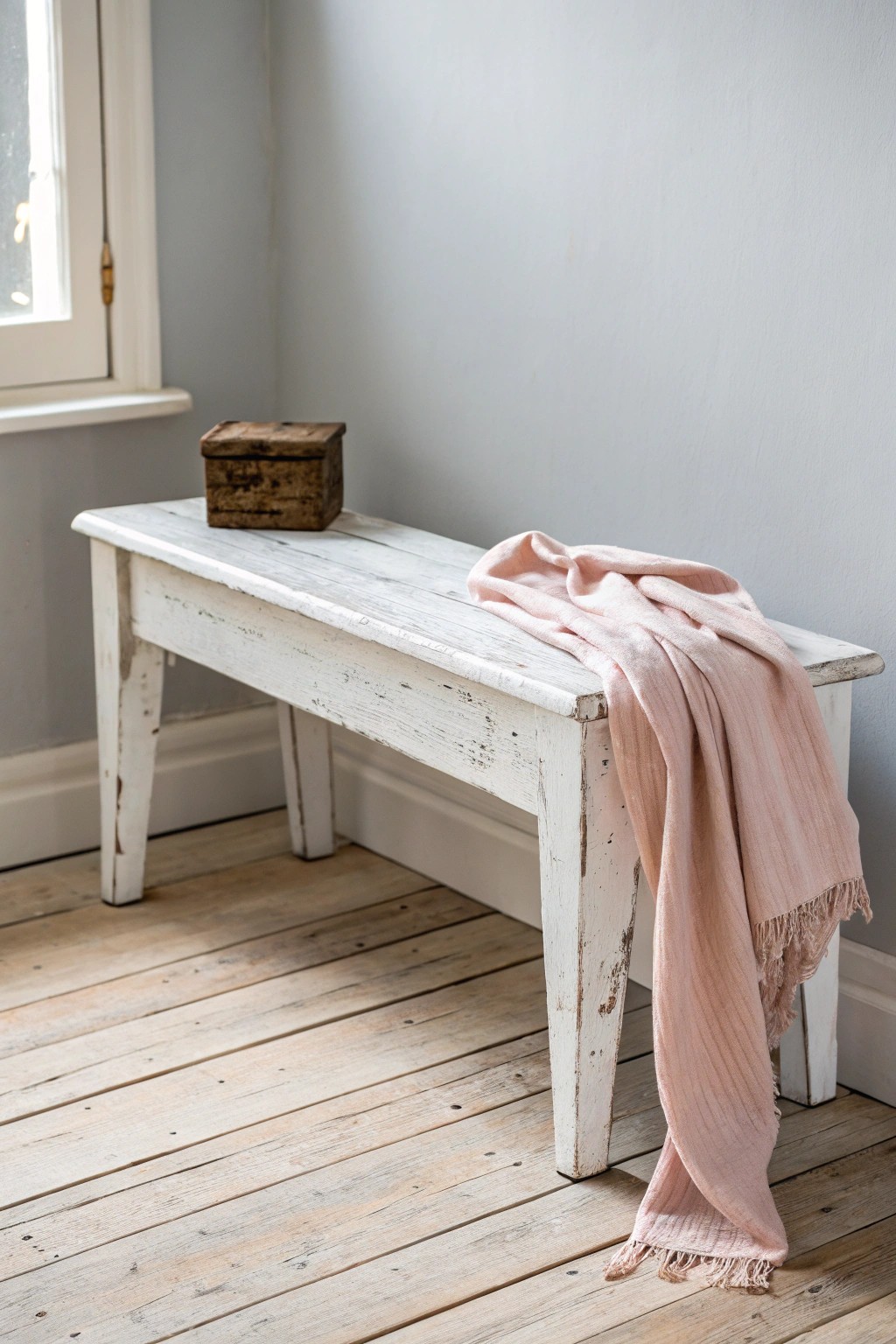Effortless farmhouse charm: a distressed white bench transforms your space with timeless, handcrafted beauty.