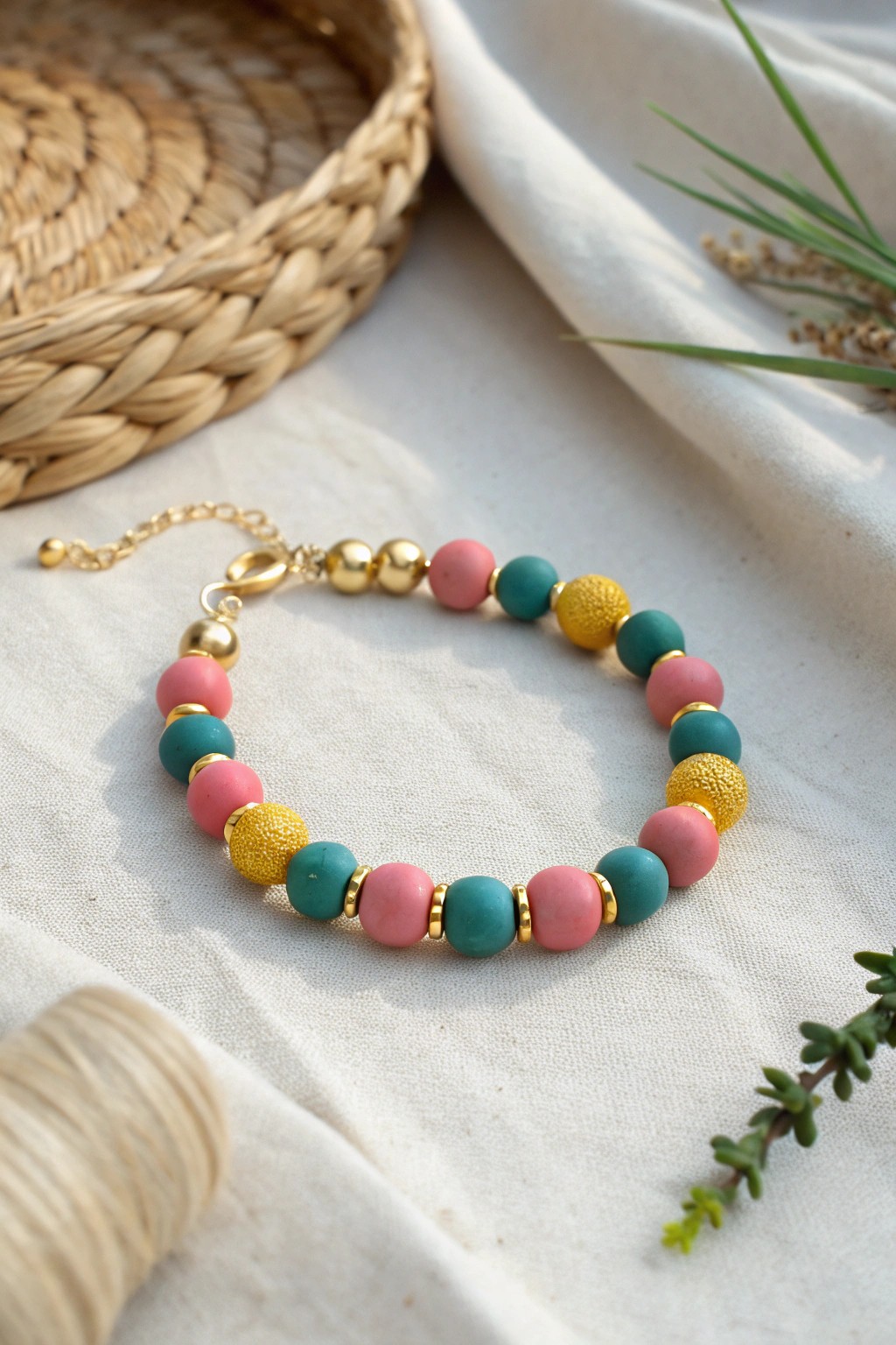 Color-blocked style: chic simplicity meets bold hues in this modern clay bead bracelet.