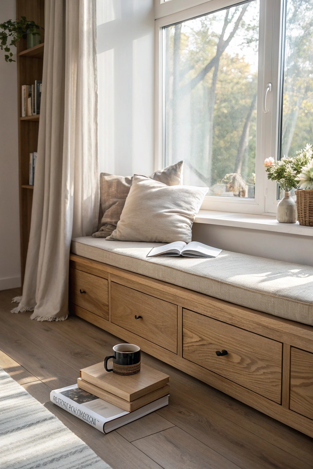 Sunlit kitchen banquette – the perfect spot to savor a chapter and a cup of tea.