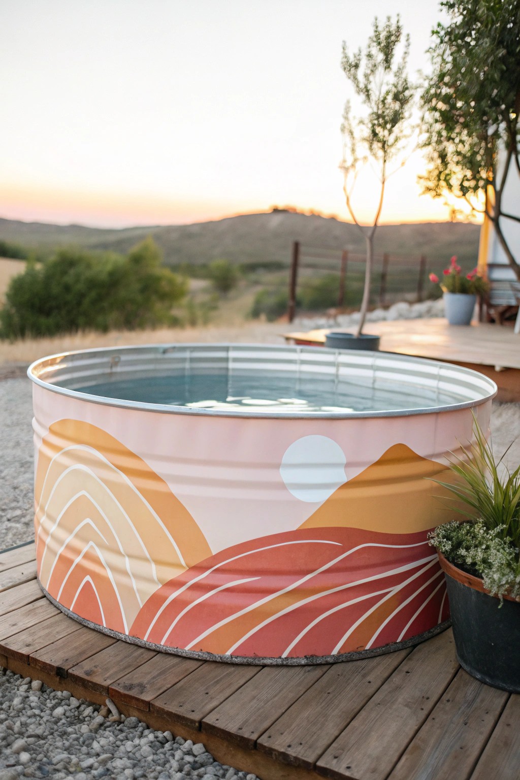 Transform your backyard with a sunset-hued painted stock tank pool—where artistry meets relaxation.