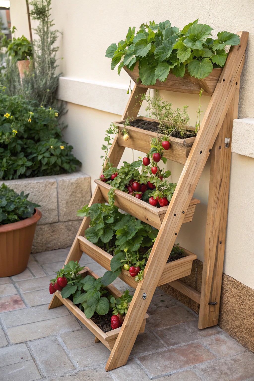 A stunning tiered ladder planter brings together fresh herbs and strawberries—functional beauty for your garden.