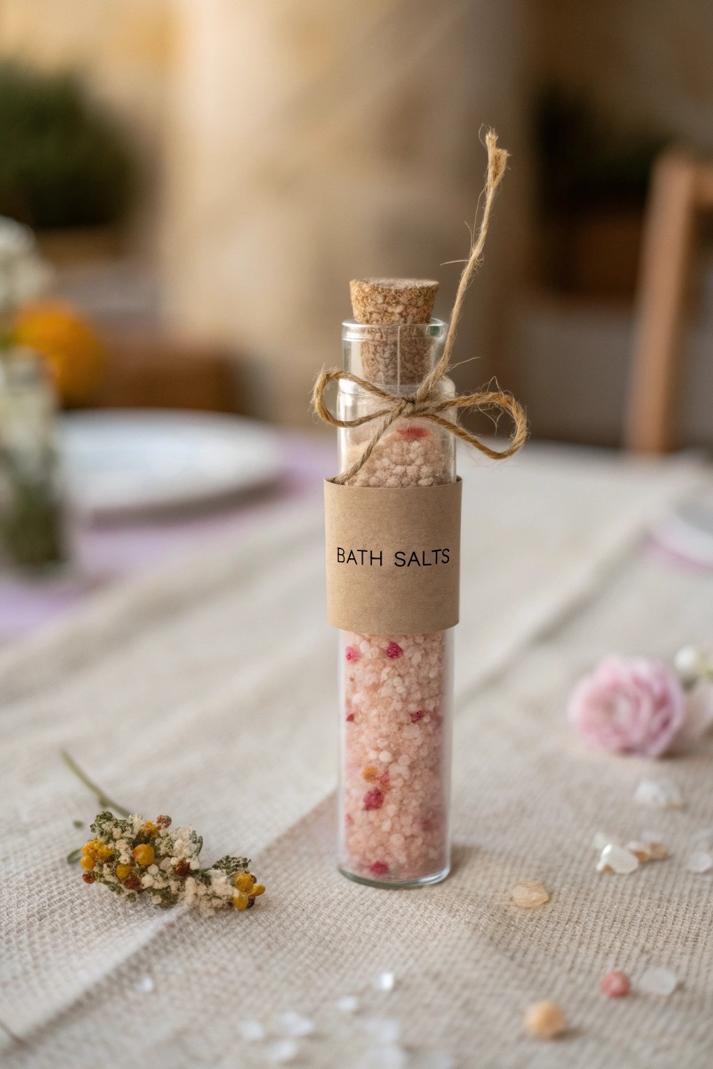 Handcrafted bath salt tube—minimalist elegance meets boho charm for your wedding favors.