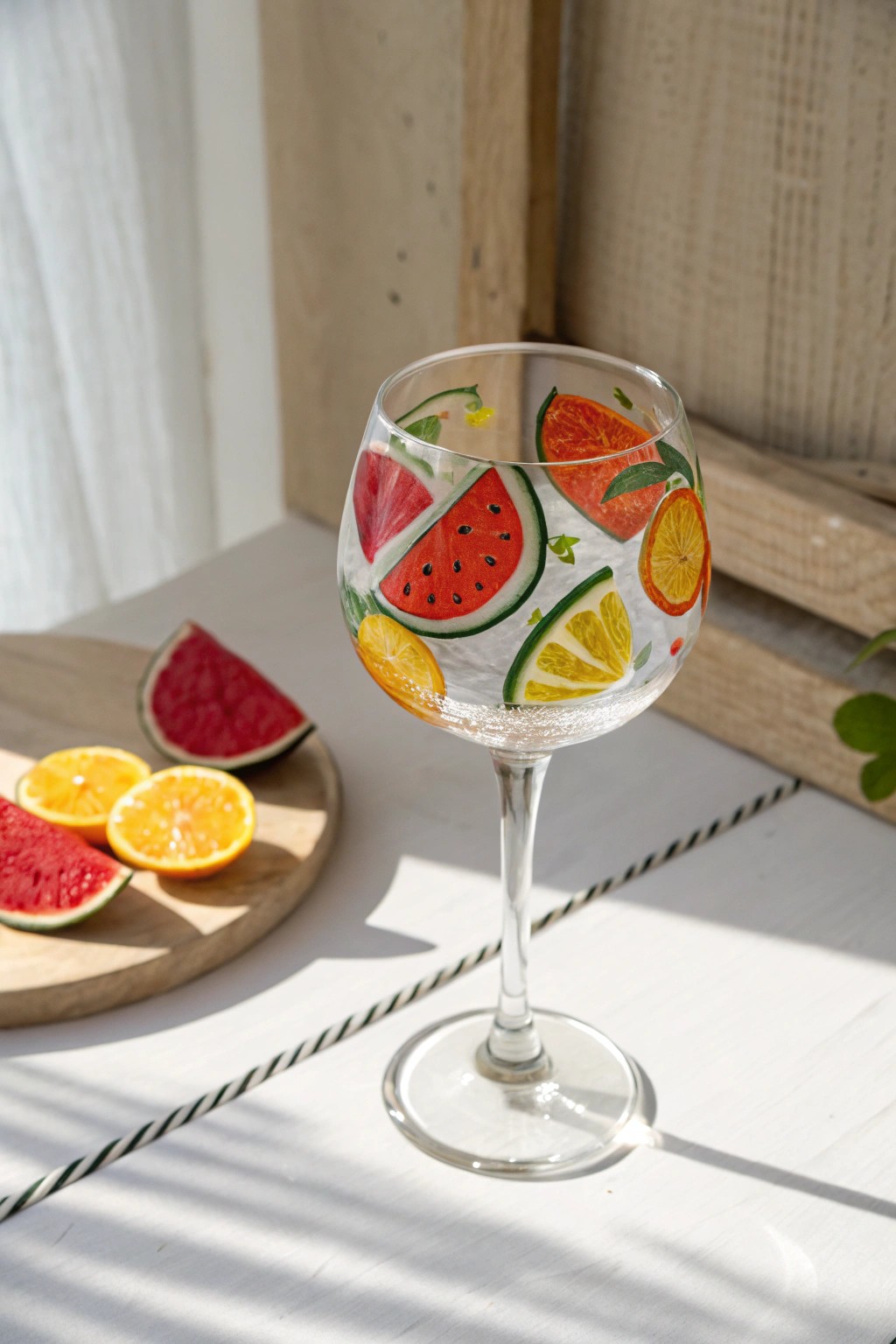 Sip in style—celebrate summer with a wine glass adorned in bright, hand-painted citrus and watermelon slices.
