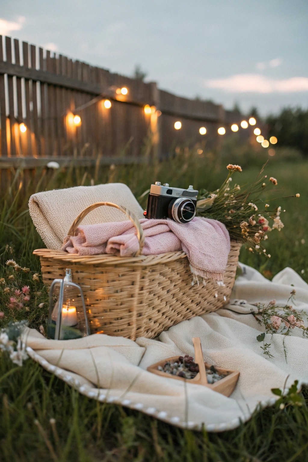 The heart of a magical outdoor movie night: cozy blankets and a vintage projector ready for starlit memories.