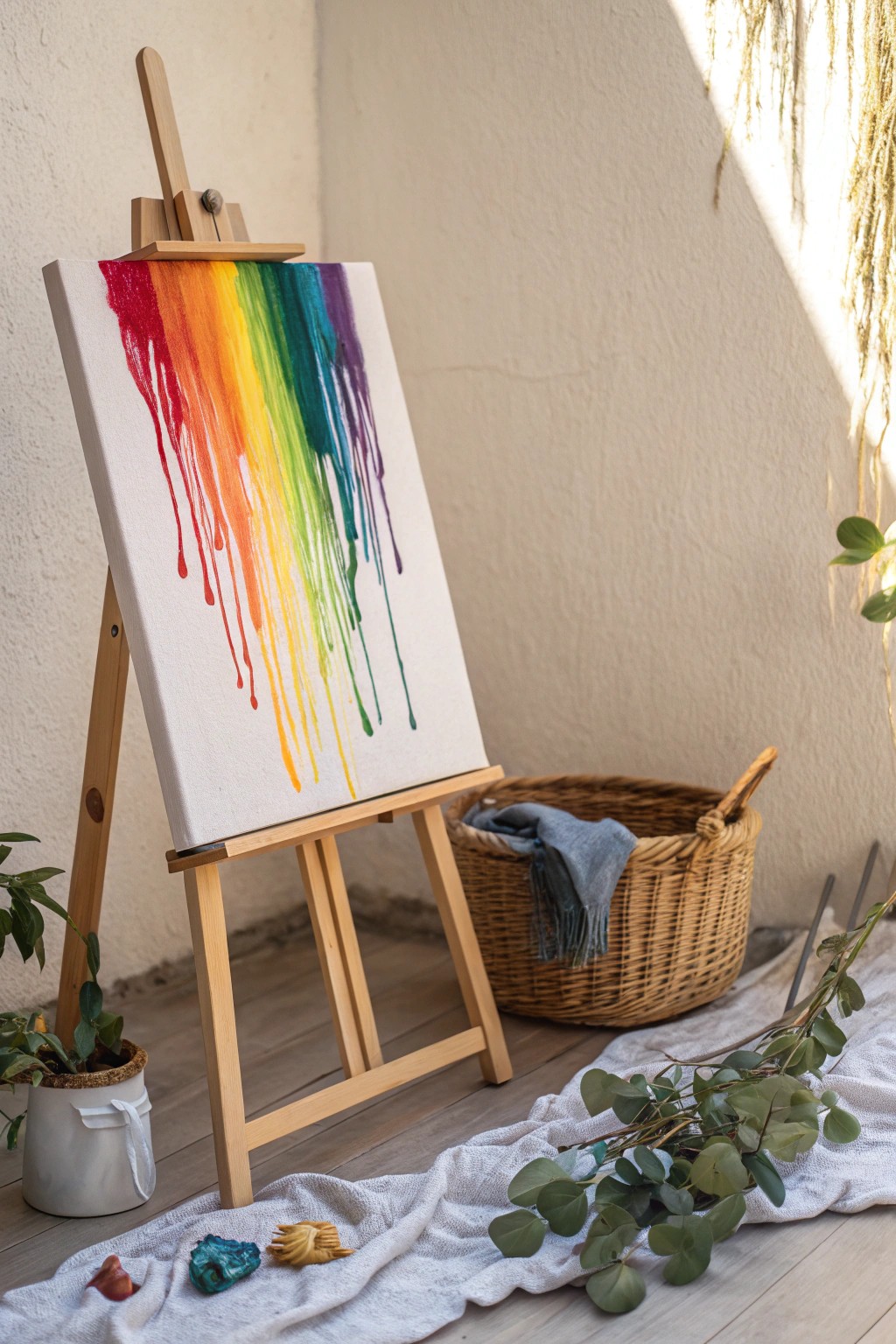 Bring happy vibes into your space with a minimalist rainbow drip acrylic pour painting.