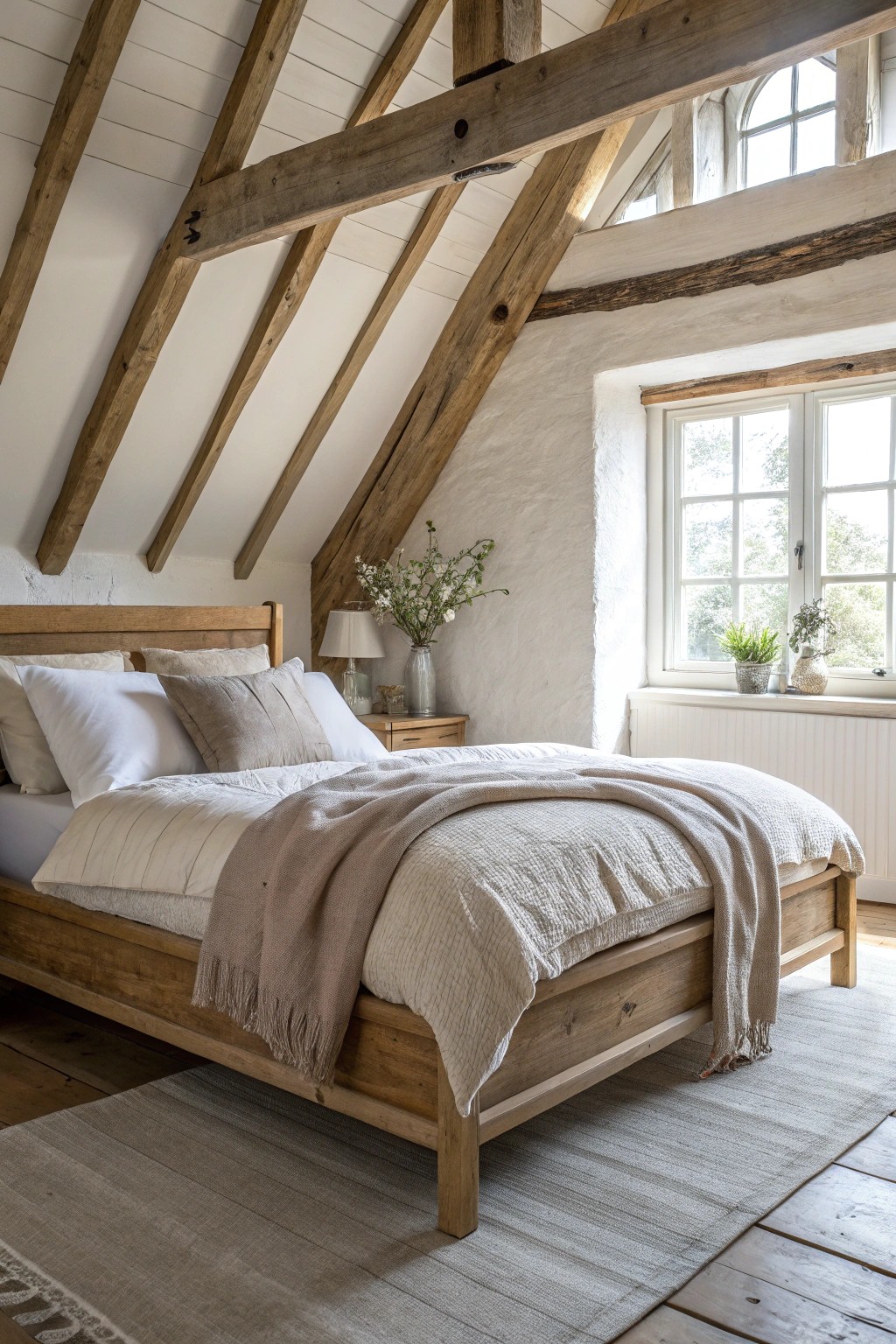 Warm neutrals and natural textures create a calming attic retreat.