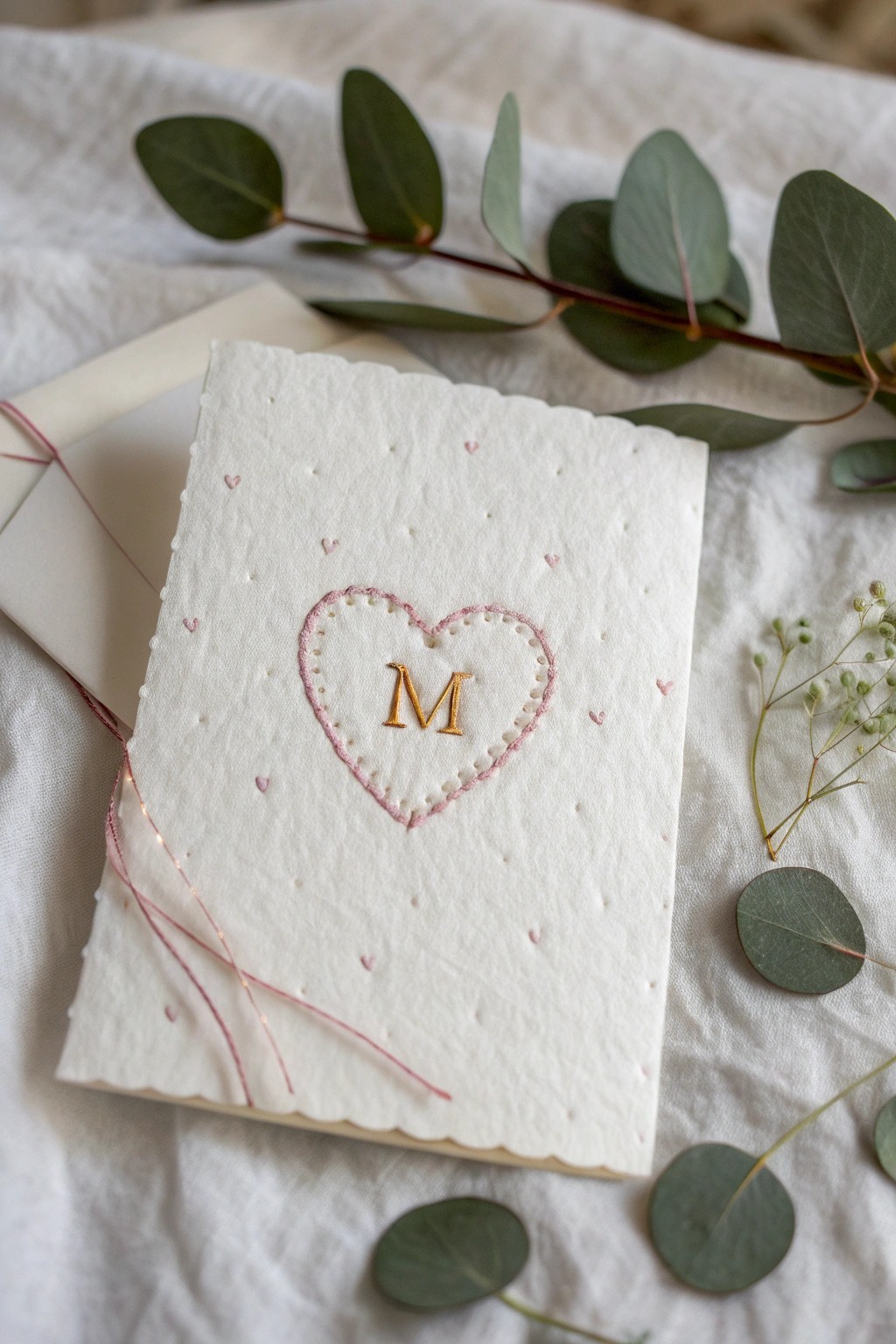 A touch of handcrafted love: minimalist embroidery thread accents on a birthday card for Mom.