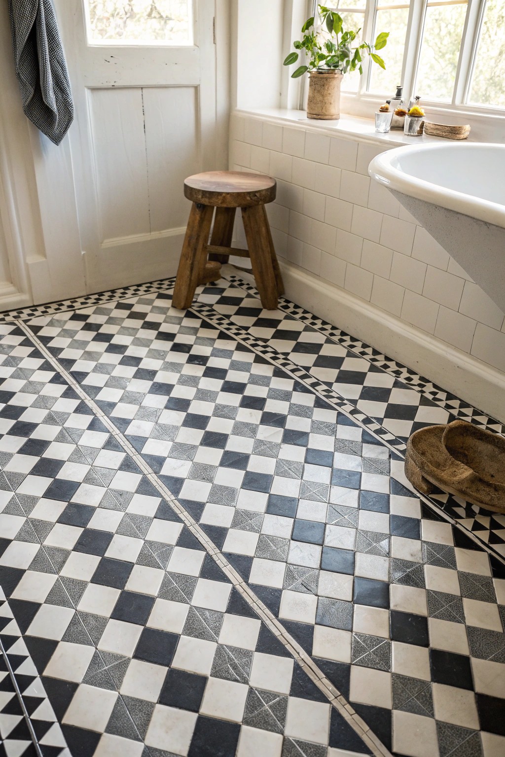Classic checkerboard tiles: timeless charm meets elegant simplicity.