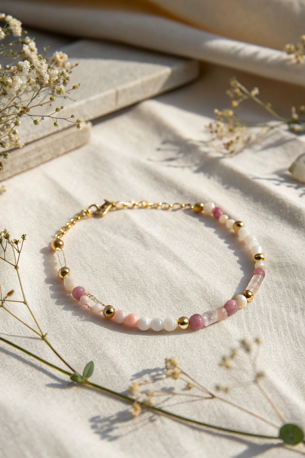 Simple elegance: a handcrafted gold-accent beaded bracelet perfect for minimalist style lovers.
