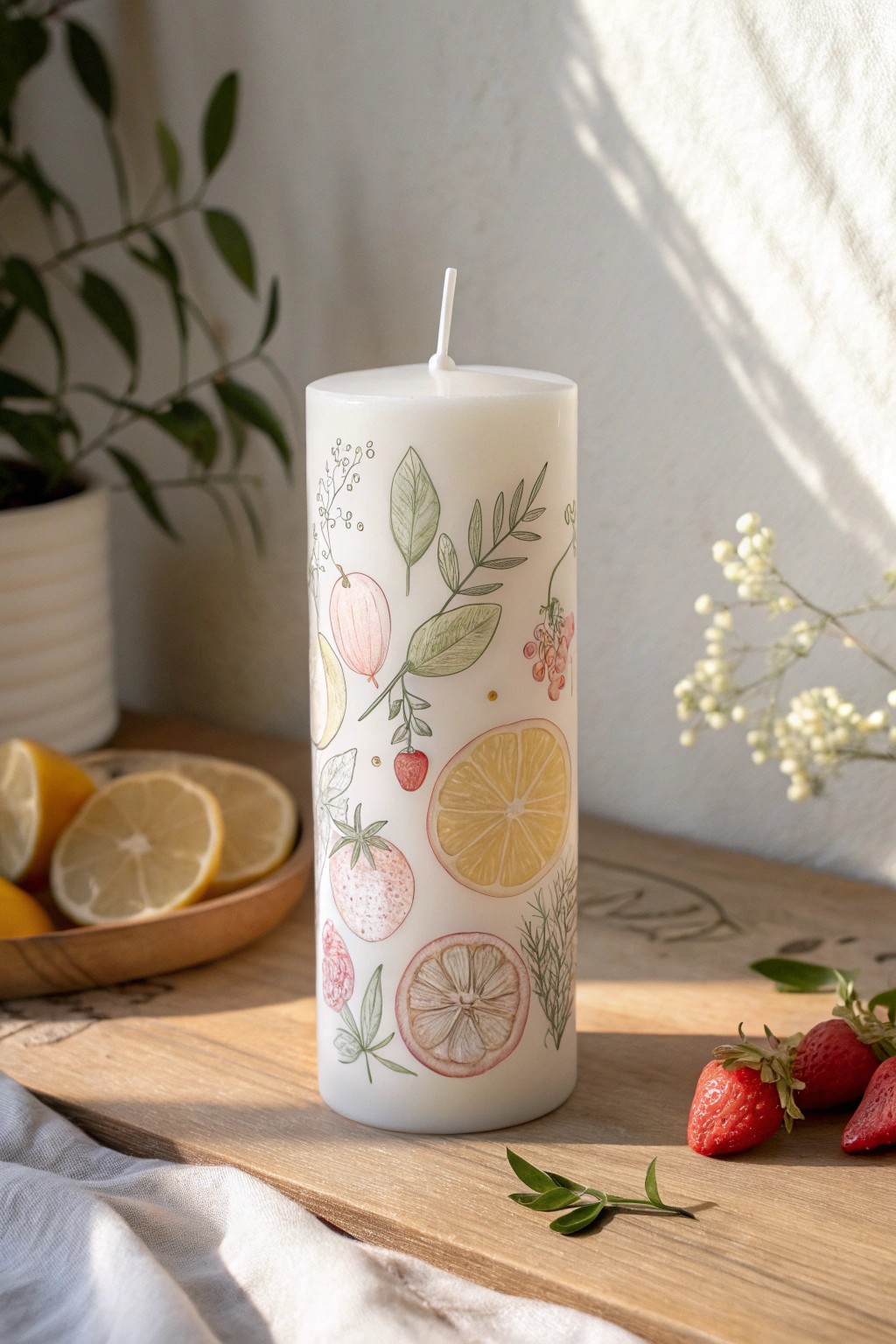 Bring a touch of summer to your home with hand-painted fruit candles—perfect for bright, cheerful vibes.