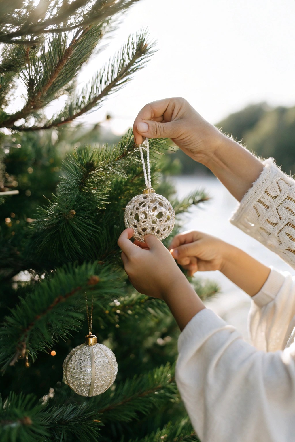 Cherished moments: decorating the tree, hand in hand.