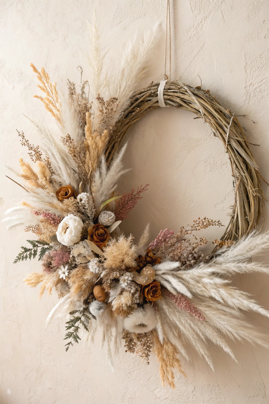 Boho Christmas charm: pampas grass & dried florals for a naturally elegant wreath.