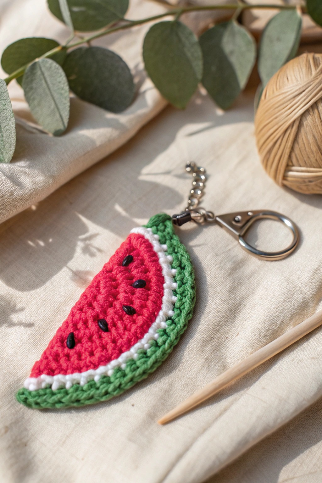 A sweet watermelon crochet keychain—summery, simple, and handmade with love.