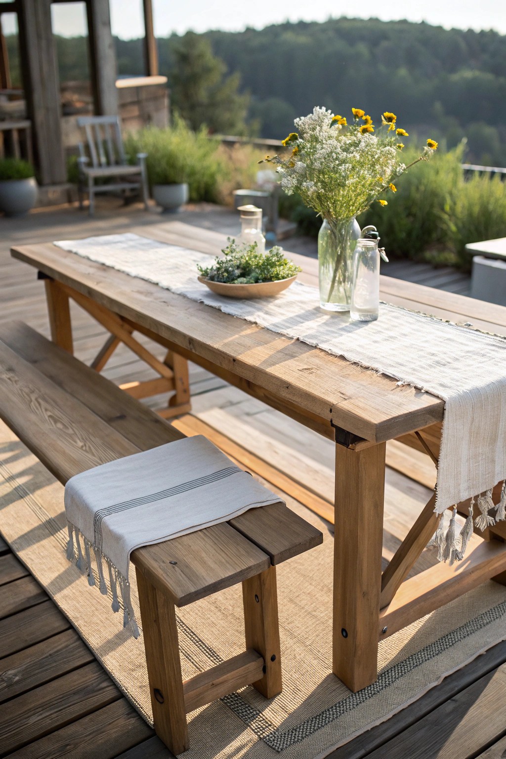 Savor outdoor meals at a handcrafted farmhouse table—simple, natural, and inviting.