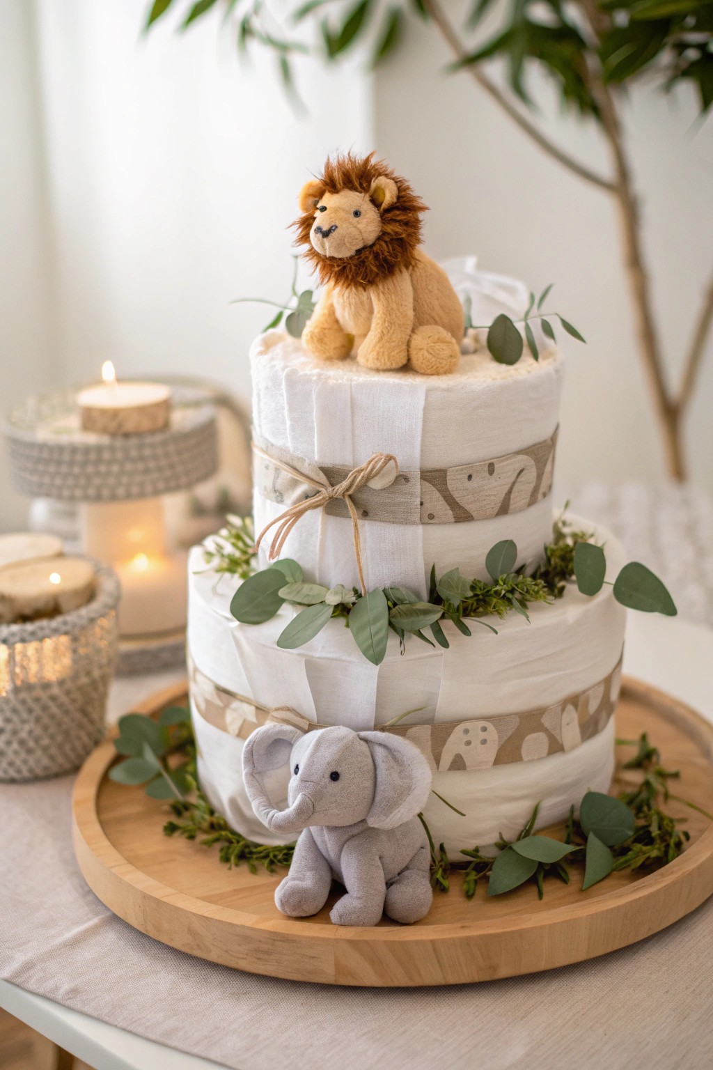 Wildly sweet: A jungle safari diaper cake, where minimalist style meets playful charm.