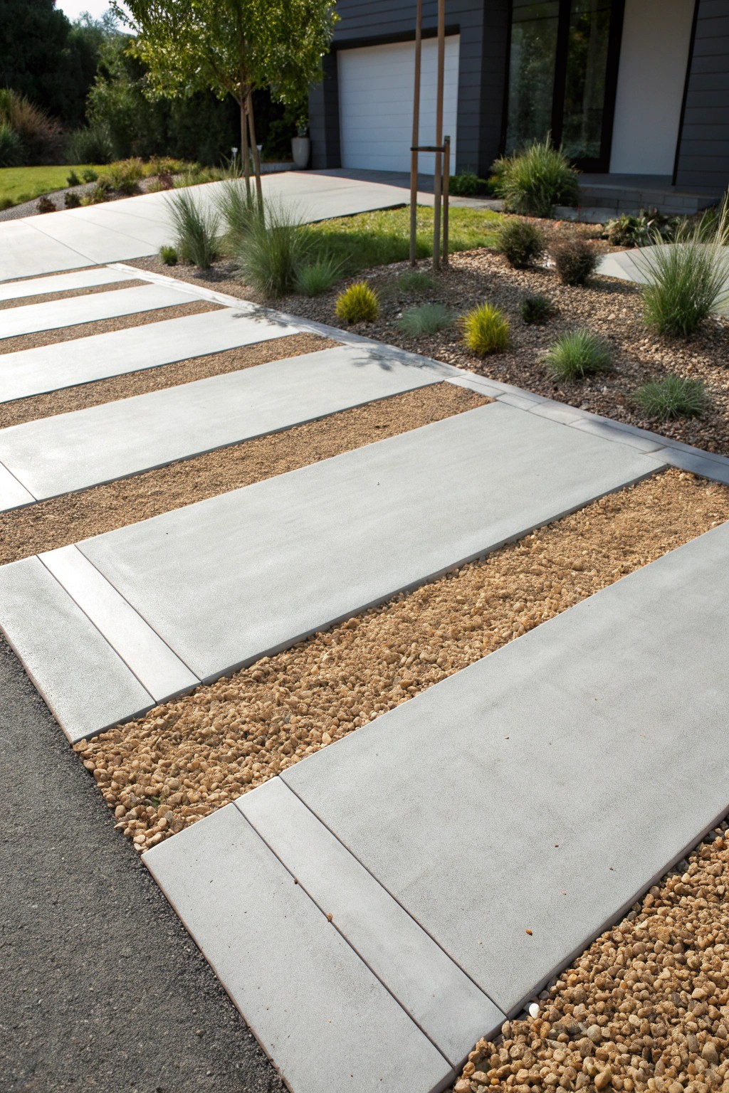Elevate your curb appeal with a stunning mix of gravel and concrete.