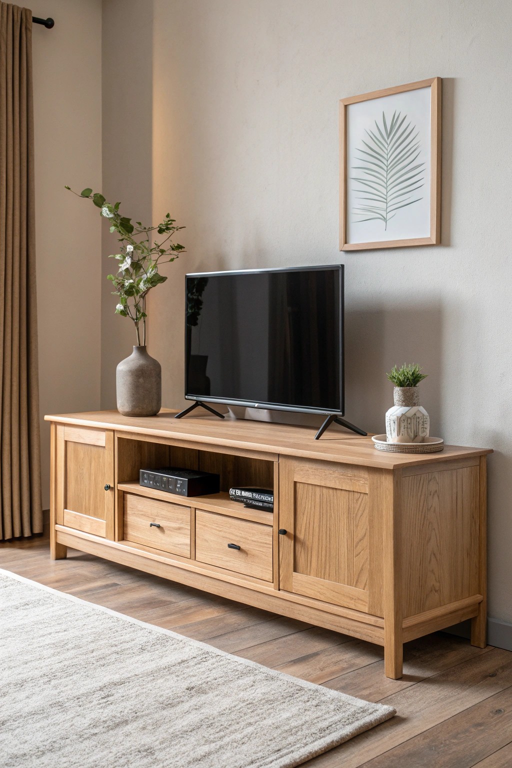 Calm meets craftsmanship: a serene Japandi entertainment center for mindful living spaces.