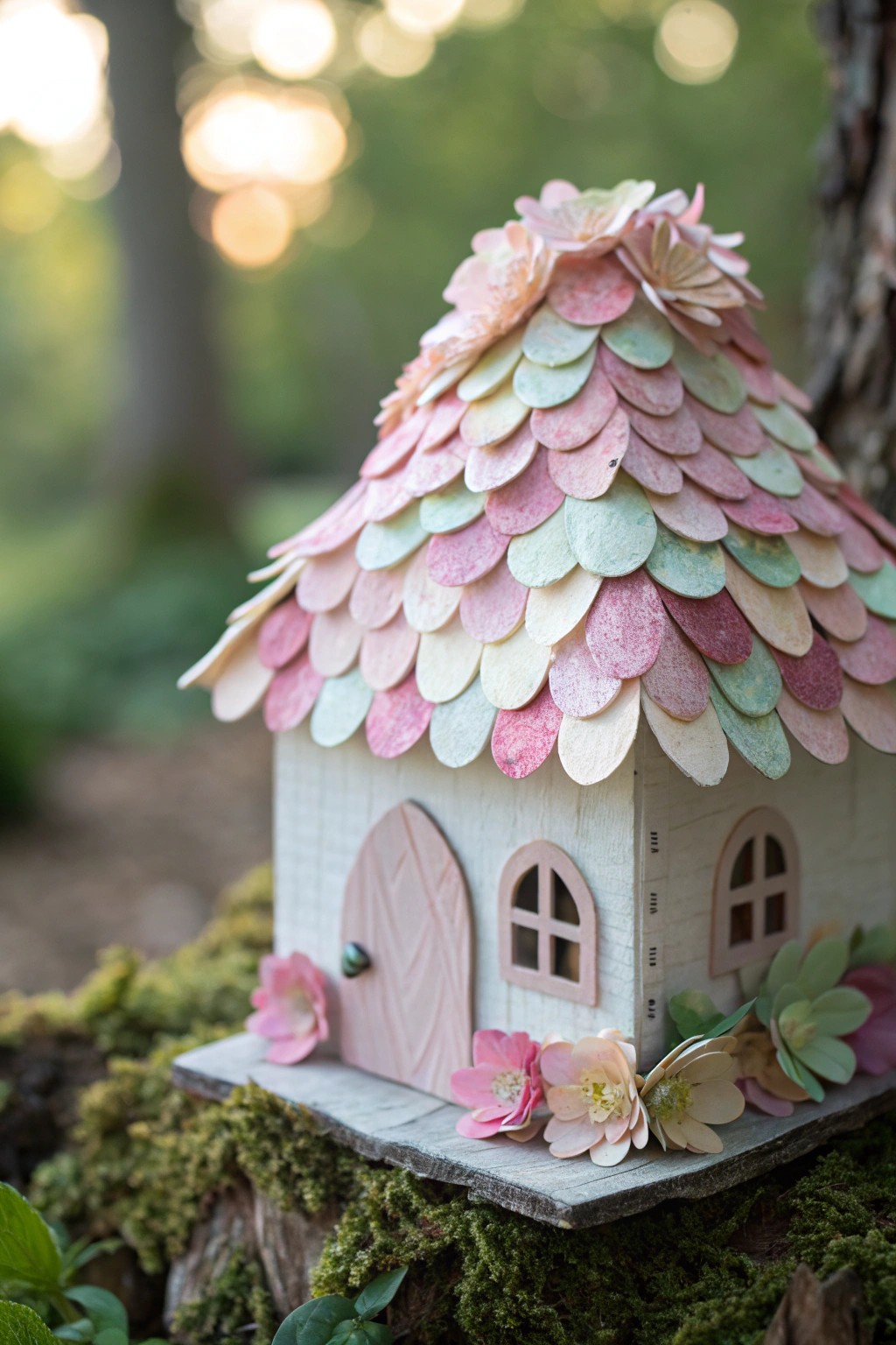 Whimsical fairy cottage crowned with real flower petals—nature’s artistry in miniature.
