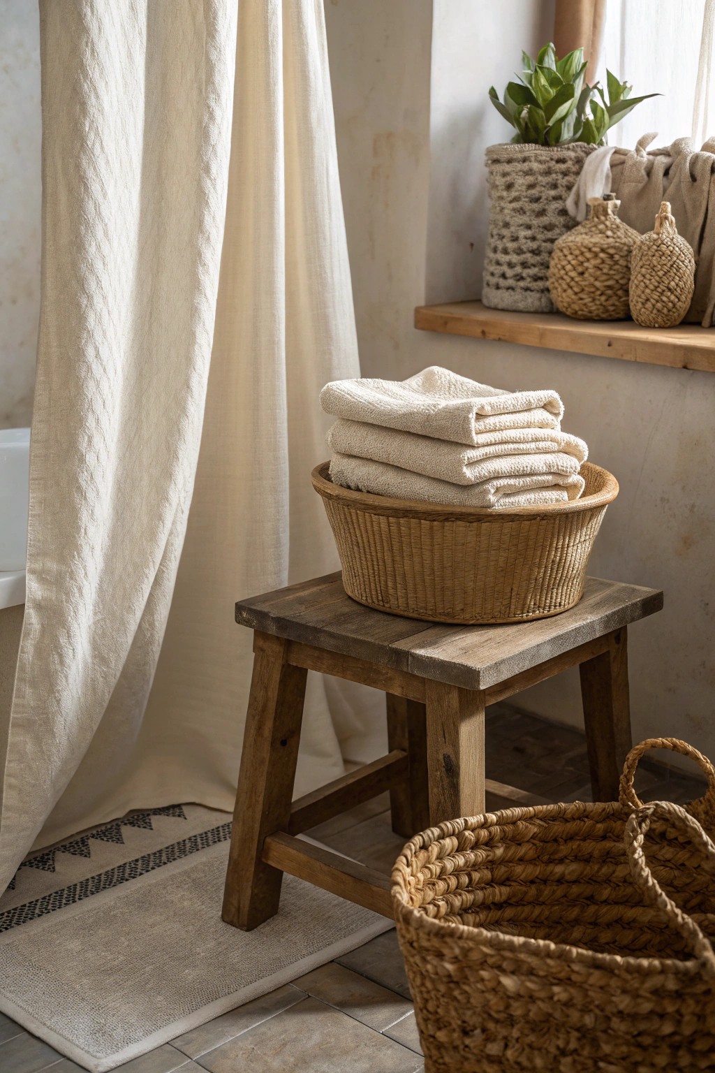 Invite warmth and texture into your farmhouse bathroom with linen, waffles, and woven details.