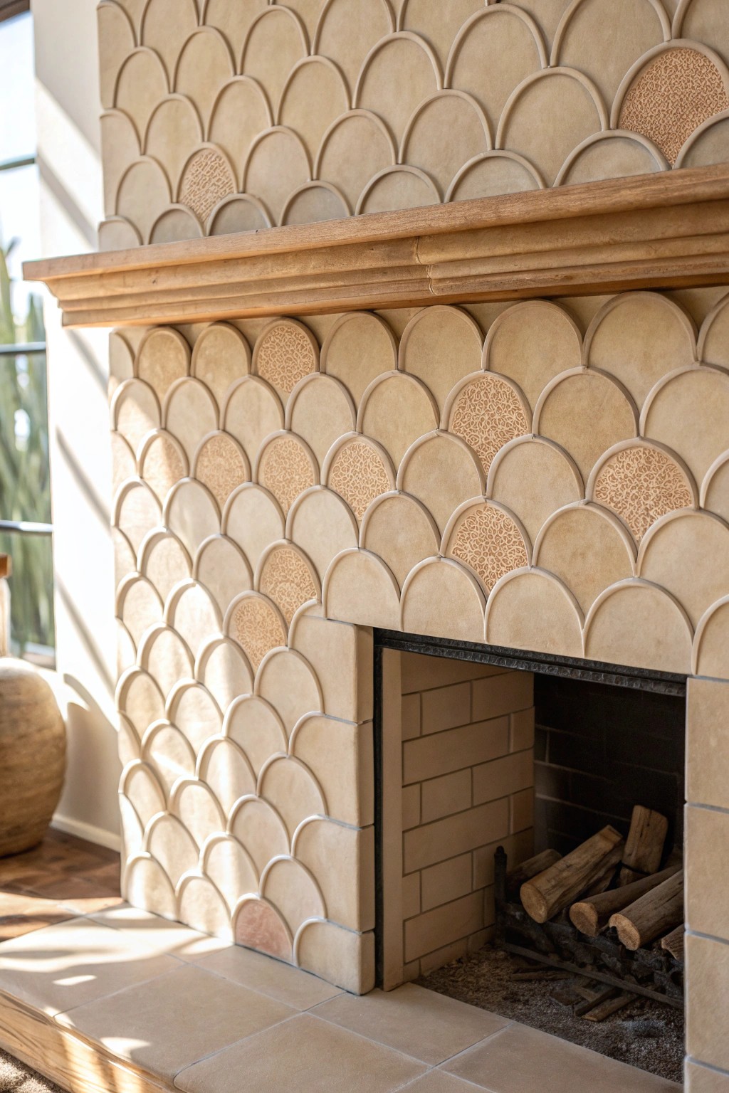 Elevate your fireplace with sculptural, scallop-shaped tiles for a touch of handcrafted beauty.