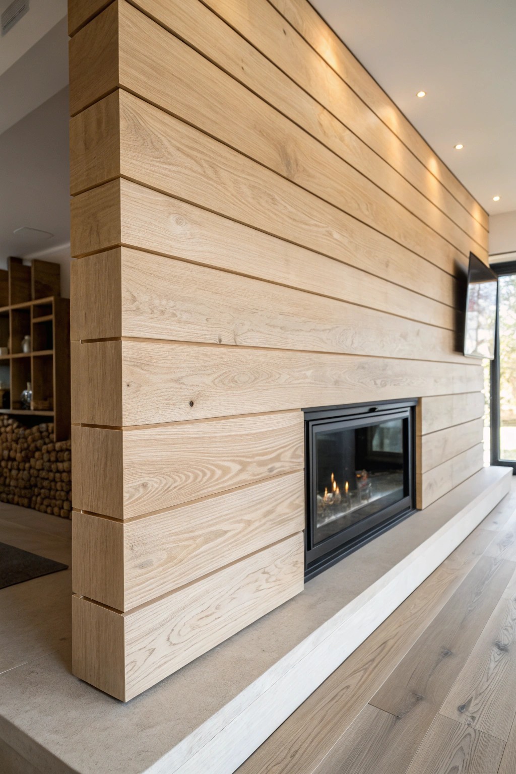 Scandi-inspired warmth: light wood panels bring a cozy, crafted touch to your fireplace wall.