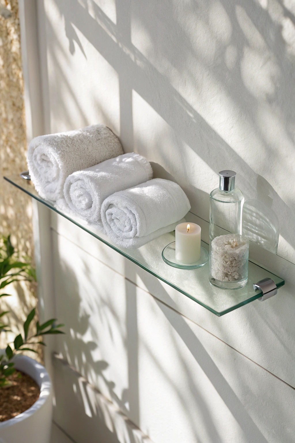 Elevate your bathroom with a simple glass shelf for a spa-inspired, airy vibe.