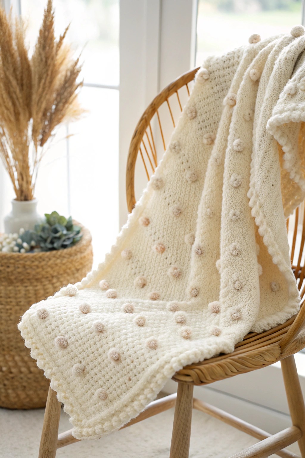 Soft bobble dots add playful texture to this handcrafted baby blanket—Scandi minimalism meets cozy boho style.