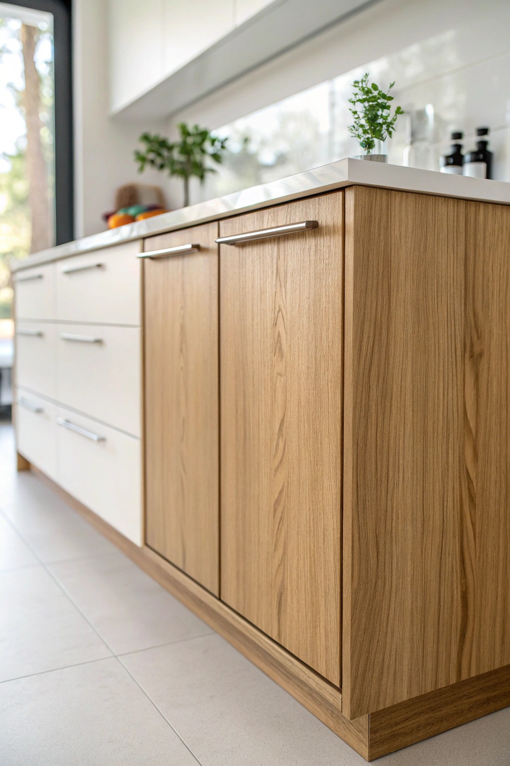 The art of calm: handleless cabinetry for a modern Zen kitchen.