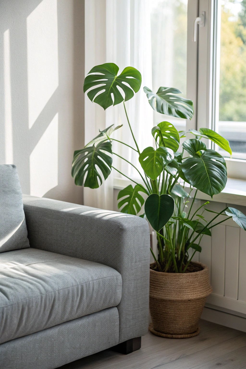 Bring fresh energy to your grey couch with a touch of lush greenery.