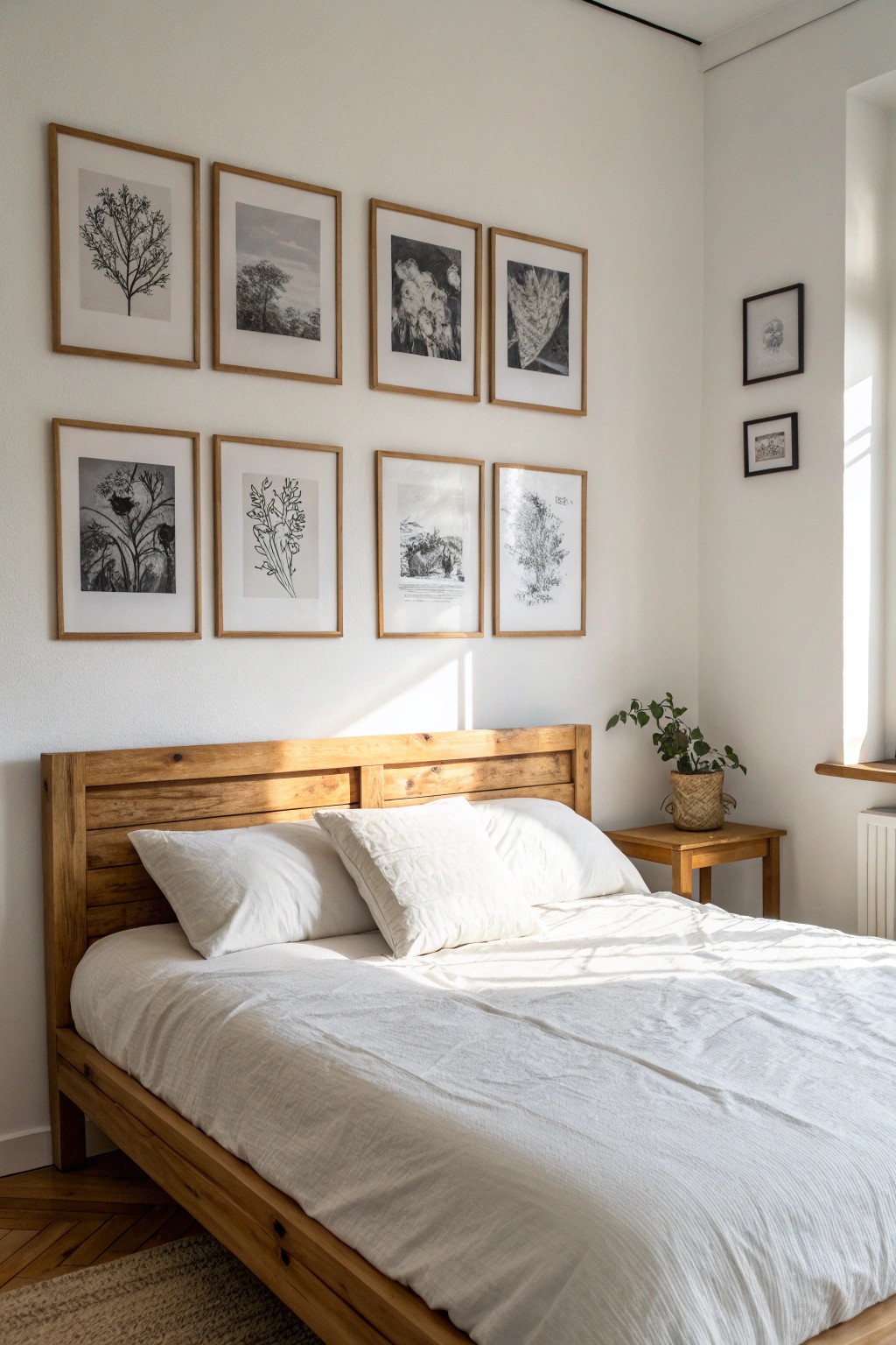 Elevate your bedroom with a curated gallery wall as a headboard—where art meets restful simplicity.