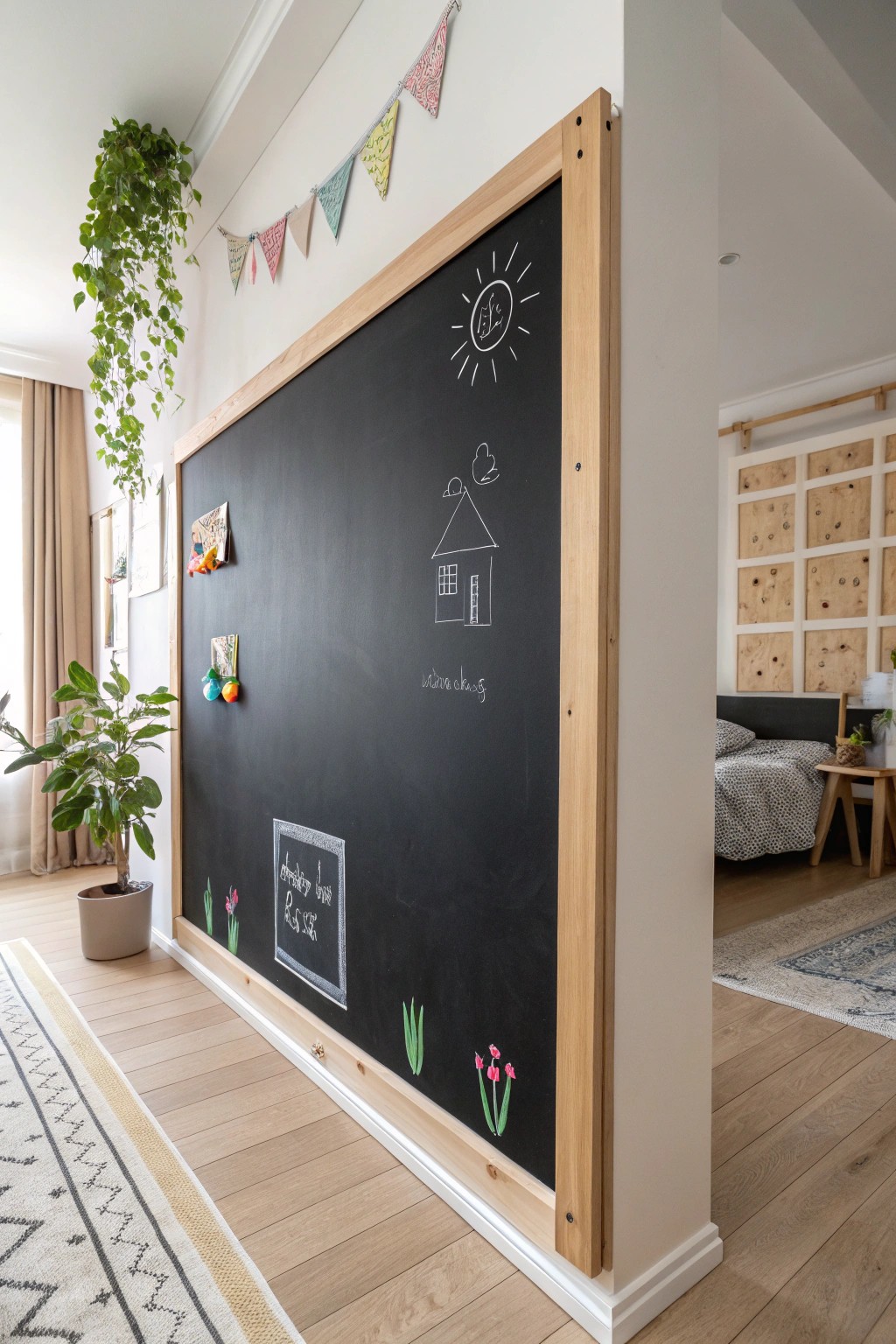 A sleek chalkboard wall mural—where creativity meets natural style in the kids’ room.