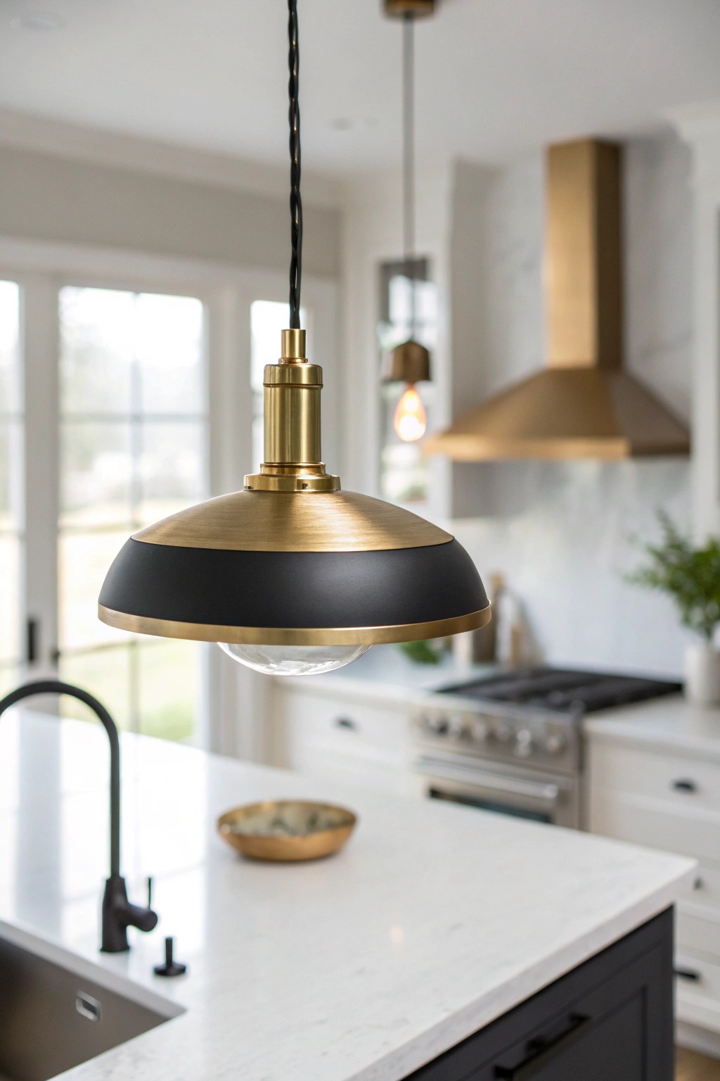 Elevate your kitchen island with a pendant that beautifully blends brass and matte black finishes.