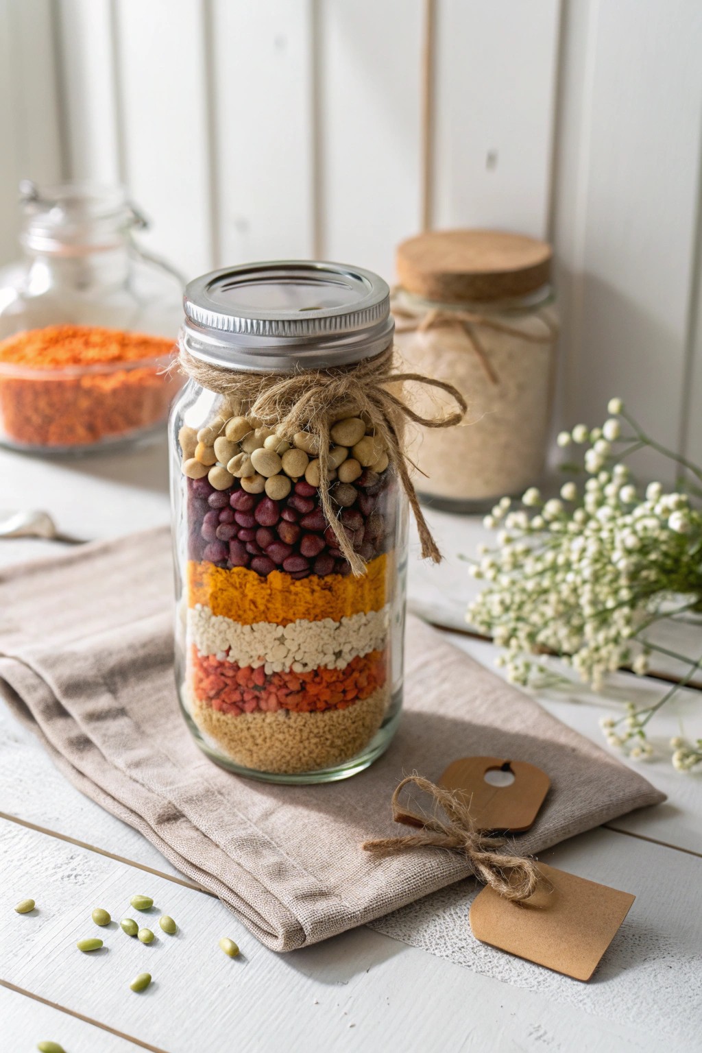 Layered soup mix in a mason jar—crafted with love for cozy, thoughtful gifting.