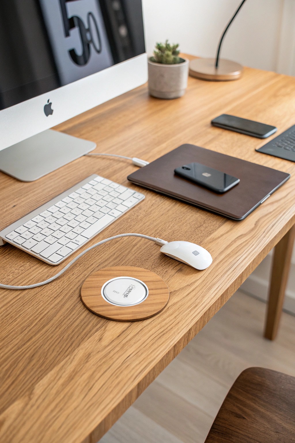Sleek cable management meets natural craftsmanship—effortless tech integration for the modern workspace.