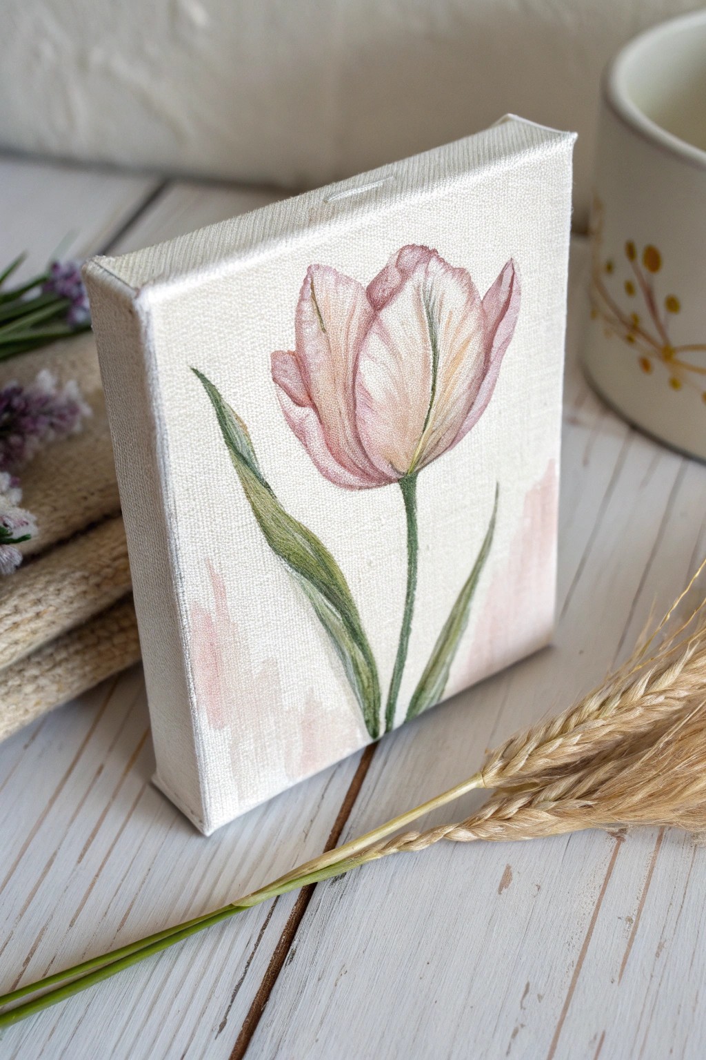 A single tulip bloom, delicately painted on a mini canvas—simple, elegant, and perfect for gifting.