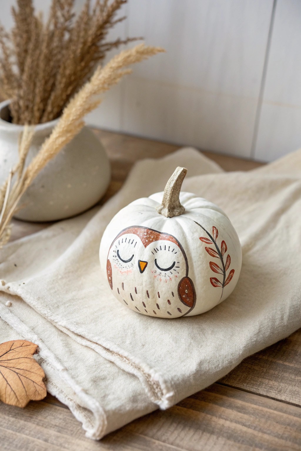 Scandi-boho mini owl pumpkin: simple, sweet, and hand-crafted for cozy autumn days.
