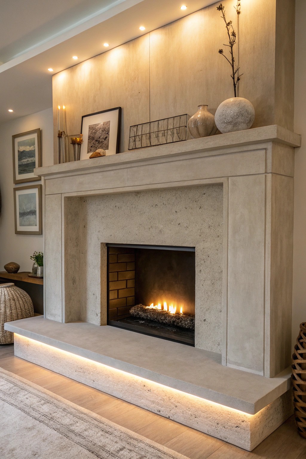 Elevate your space with a modern fireplace glowing softly from within.