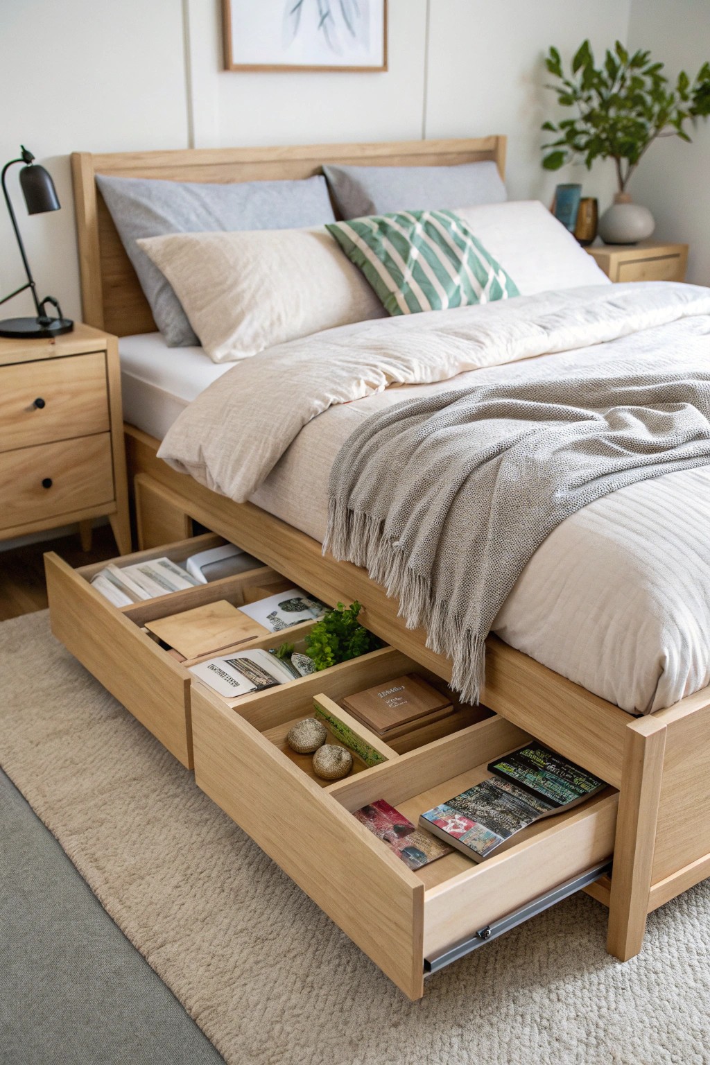 Chic simplicity: a modern bed with hidden storage for clutter-free living.