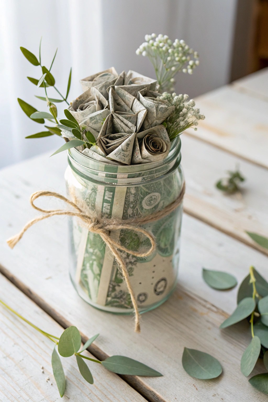 Farmhouse-chic: a mason jar bouquet of money flowers with boho flair.