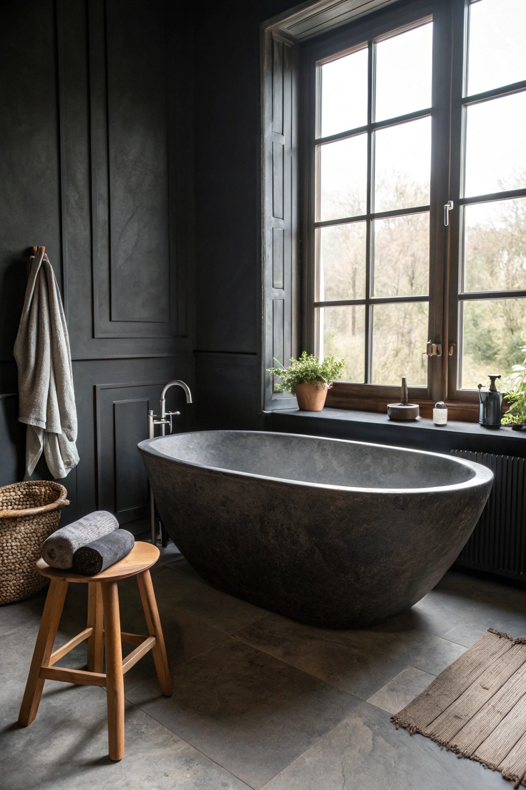 A sculptural black tub—where artistry meets relaxation.