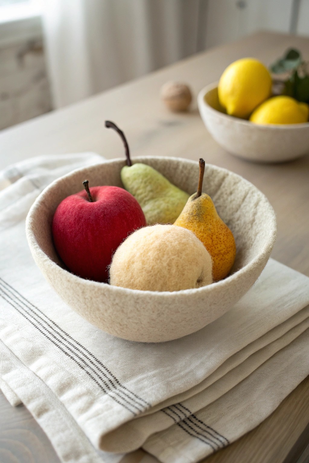 Chic Scandinavian felted fruit bowl: timeless, handmade kitchen charm.