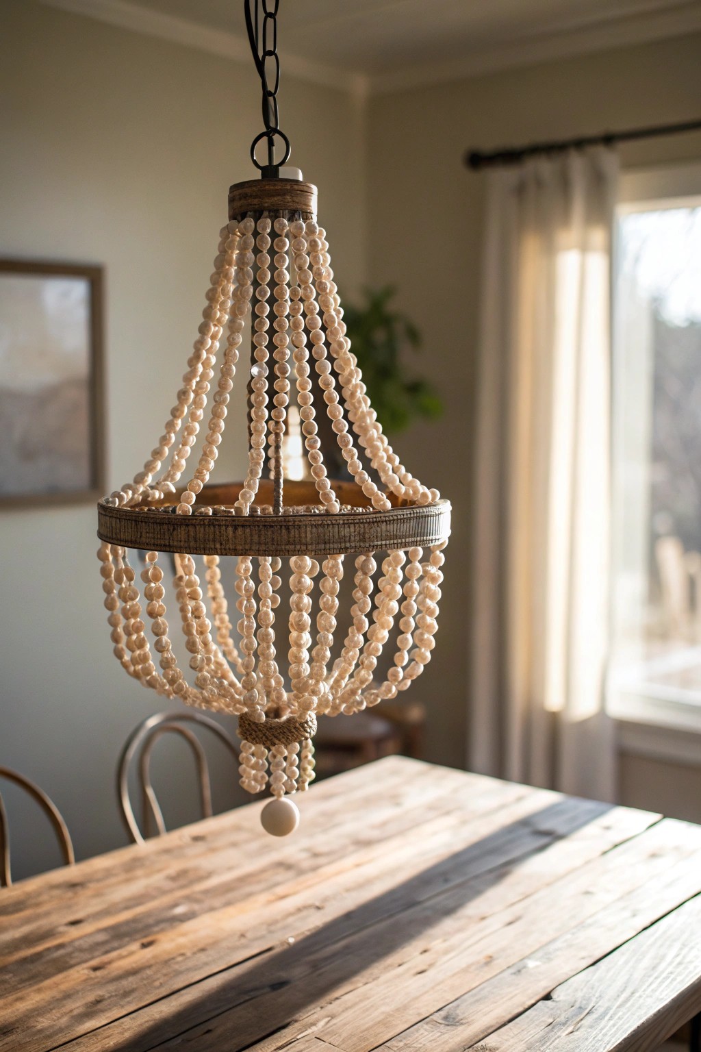 A stunning beaded chandelier sets the mood for unforgettable dining moments.