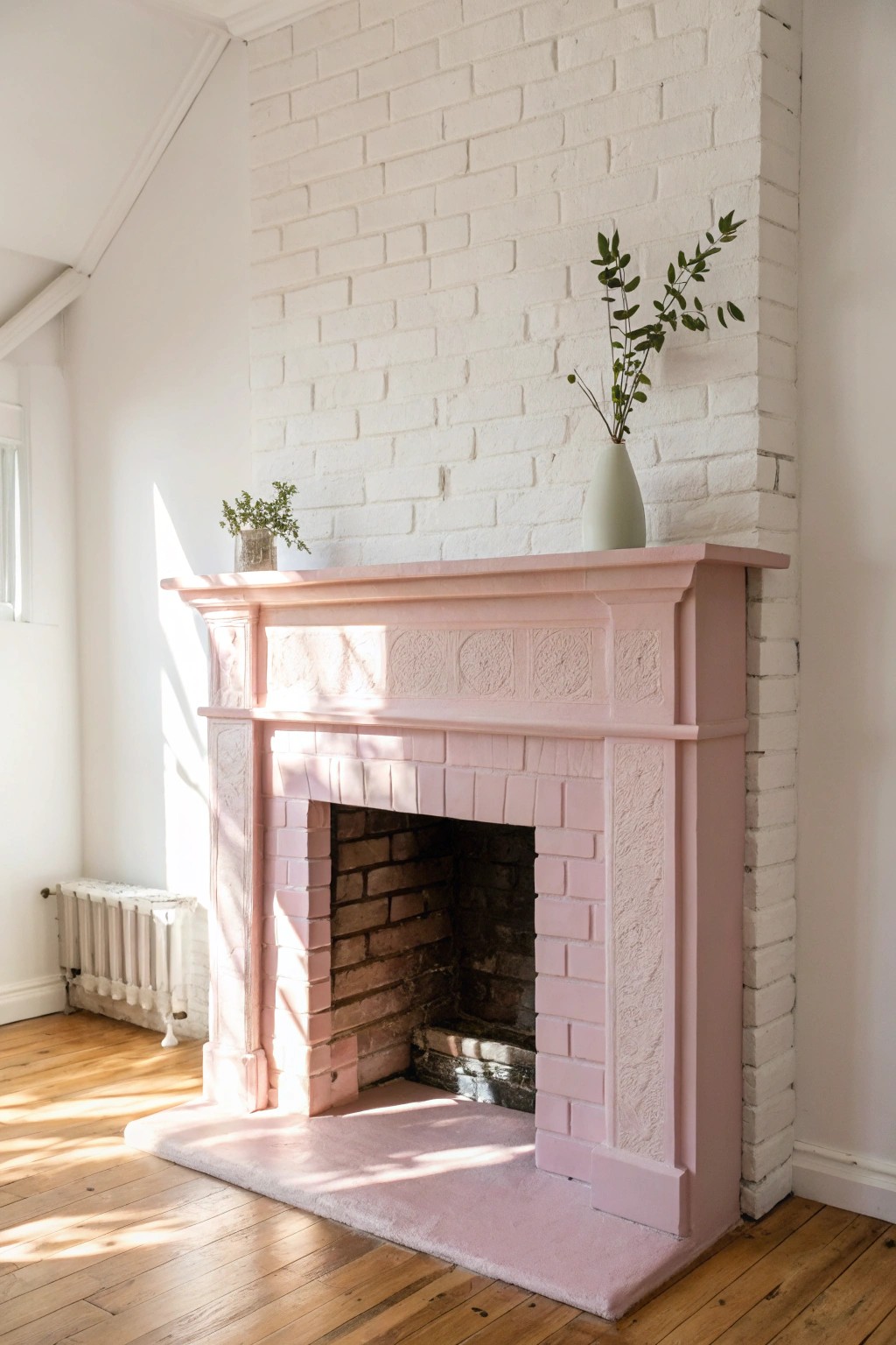 Blush pink brick fireplace—subtle whimsy meets simple elegance.