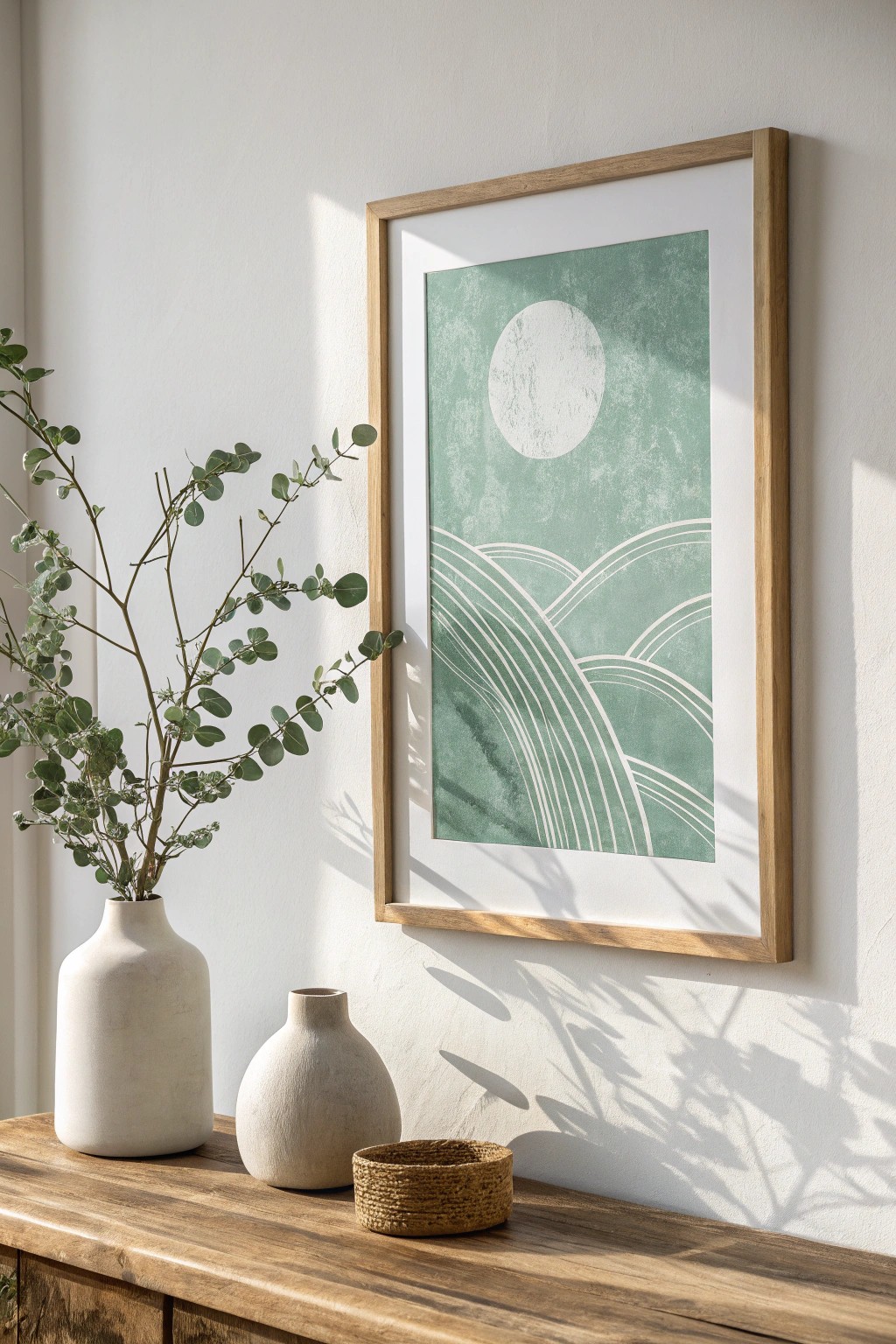 Embrace monochrome magic—serene green art meets Scandinavian simplicity.