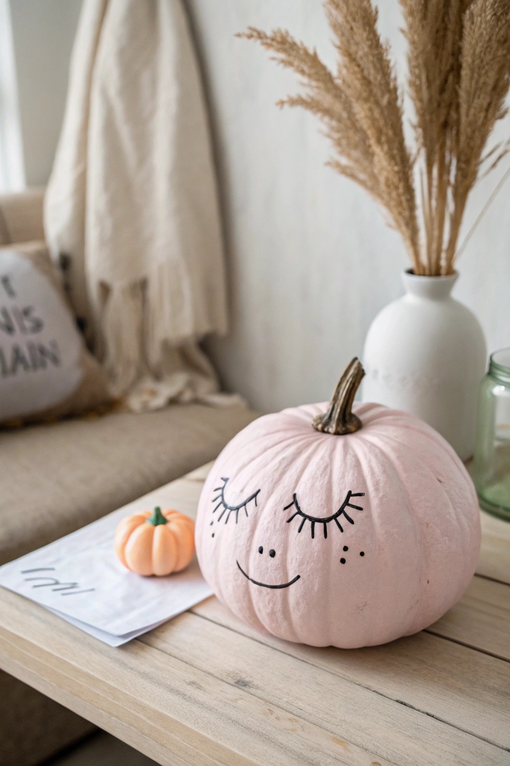 Pastel charm: a playful, hand-painted pumpkin for cozy minimalist vibes.