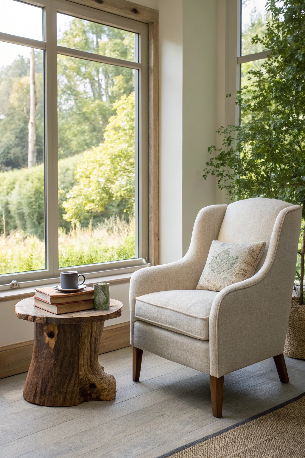 A tranquil reading nook with a stunning garden view—where simplicity meets natural beauty.