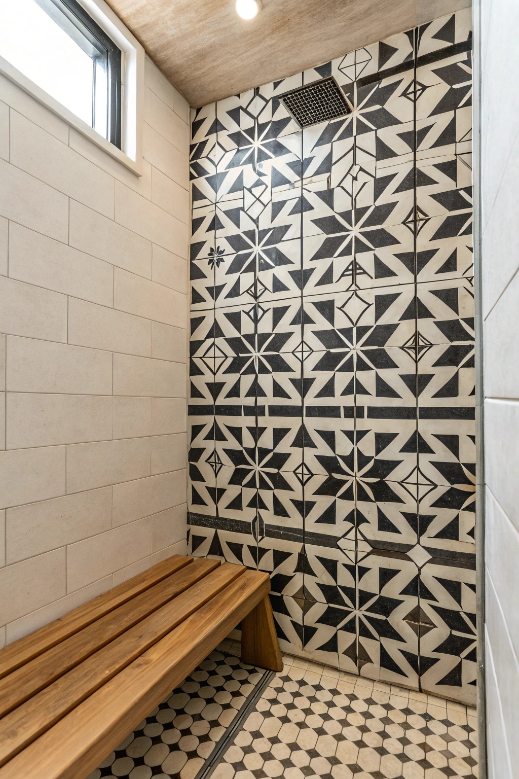 Make a statement with a bold patterned tile wall in your small shower.